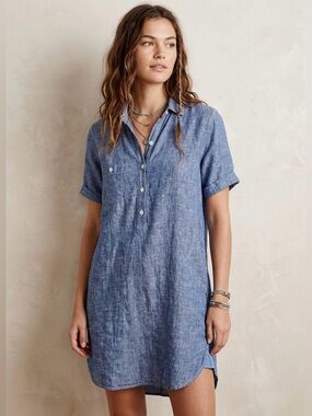 Free People x CP Shades Chambray Blue Linen Short Sleeve Dress Size XS